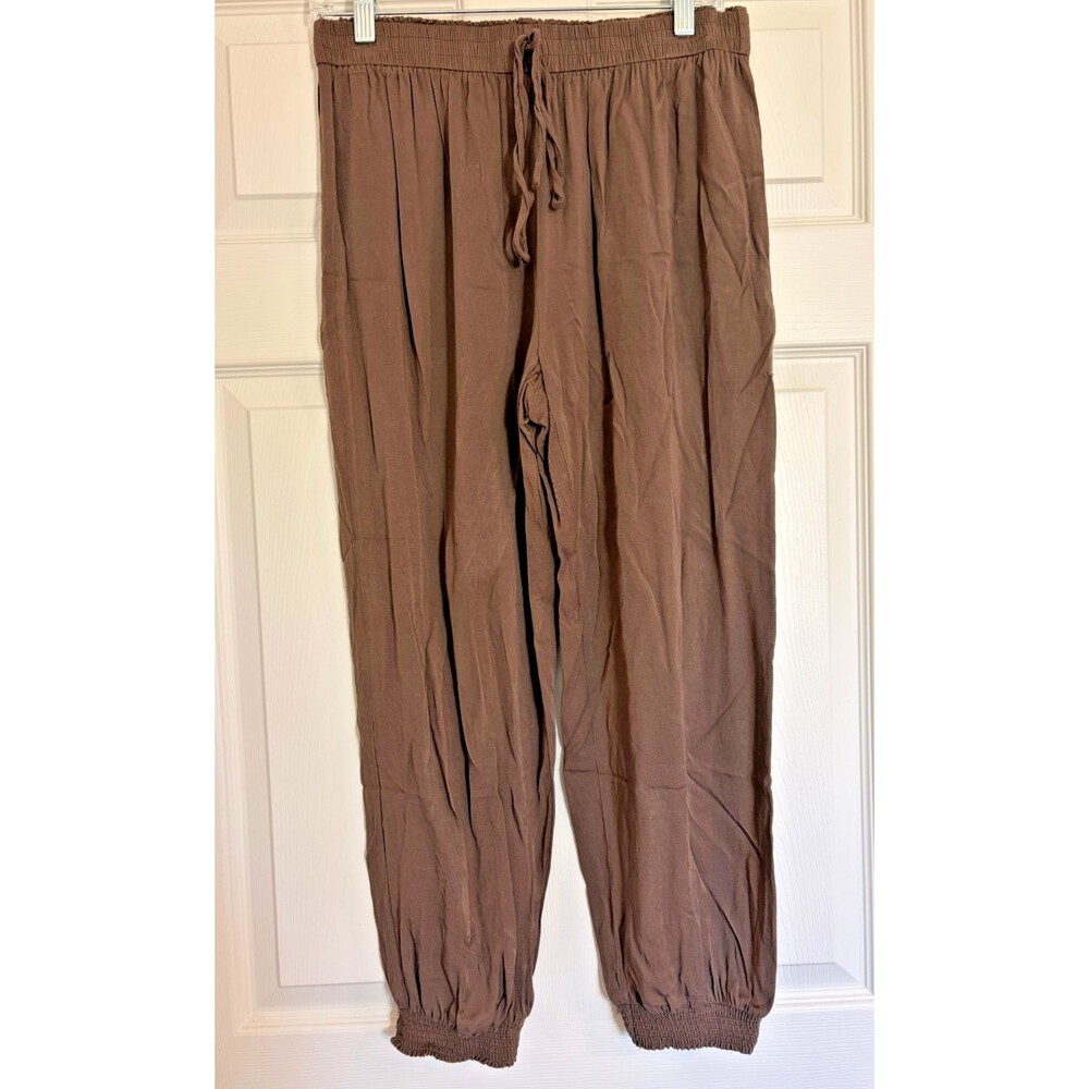 eesome Jogger Pants Women's Medium M Smocked Waist Light Brown Mocha Lightweight